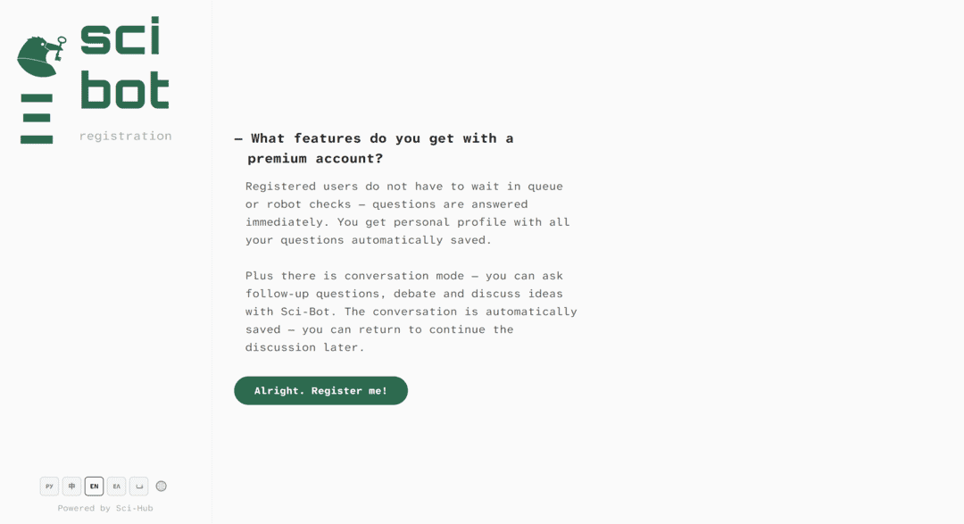 Screenshot of the Sci Bot register